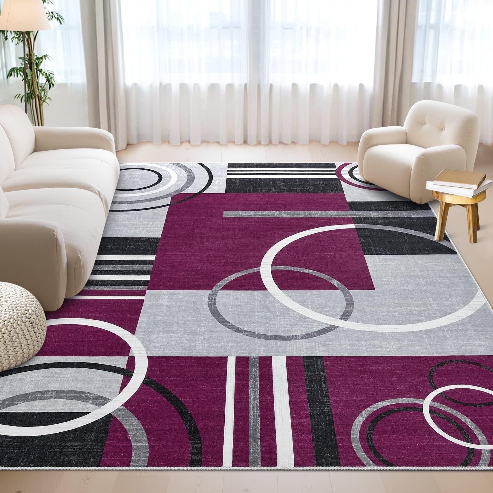 Homhougo - 5x7 Modern Geometric Rug, Washable, Non-Slip - Purple