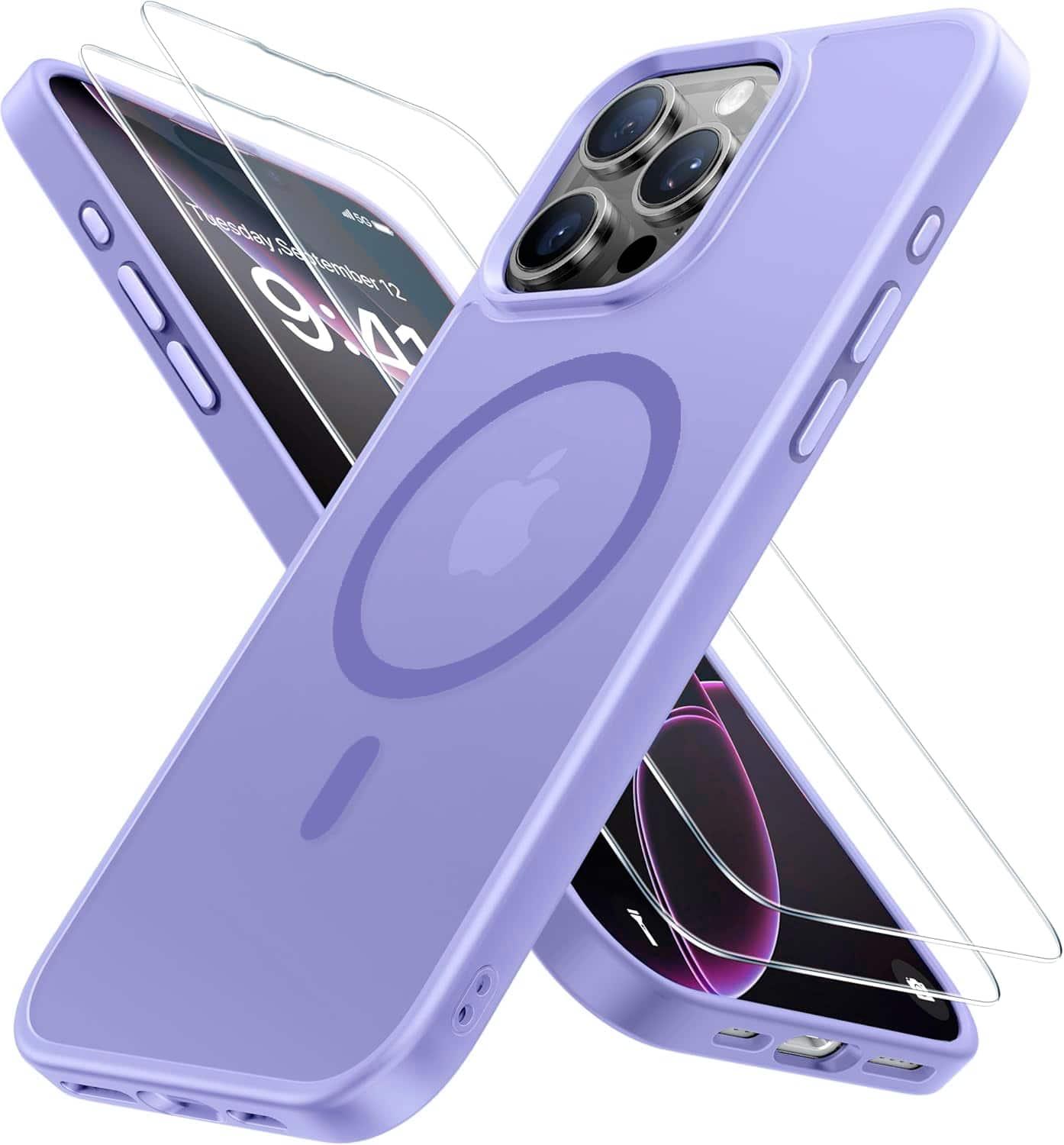 Entronix - iPhone 15 Pro Max Bundle - Magnetic Translucent Matte Case with 2 Clear Screen Protectors - Purple