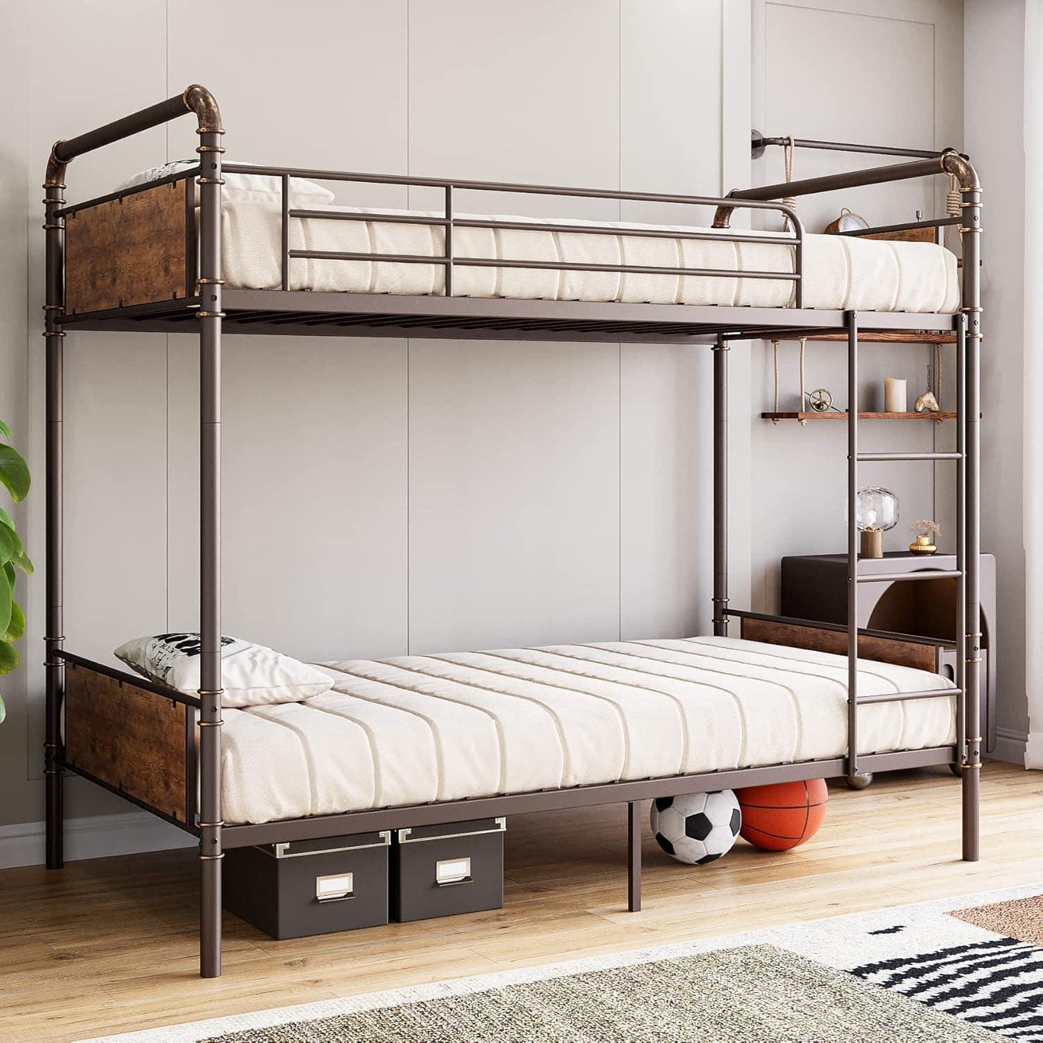 Homhougo - Bunk Bed Twin Over Twin with Ladder and High Guardrail, Twin Size Convertible Metal Bunk Beds for - Vintage Brown