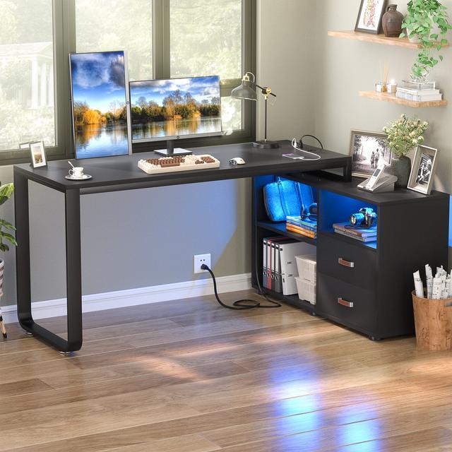 Aheaplus - Reversible L-Shaped Computer Desk with Drawers and Cabinet, Gaming Desk with Power Outlets and LED Lights - Black