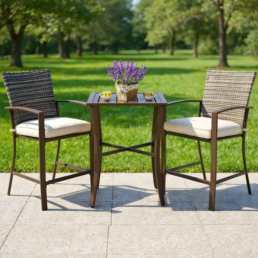 Kadyn - 3 Pieces Rattan Bar Furniture Set with Slat Table and 2 Cushioned Stools- Outdoor Dining Chair for Outside Patio - Brown