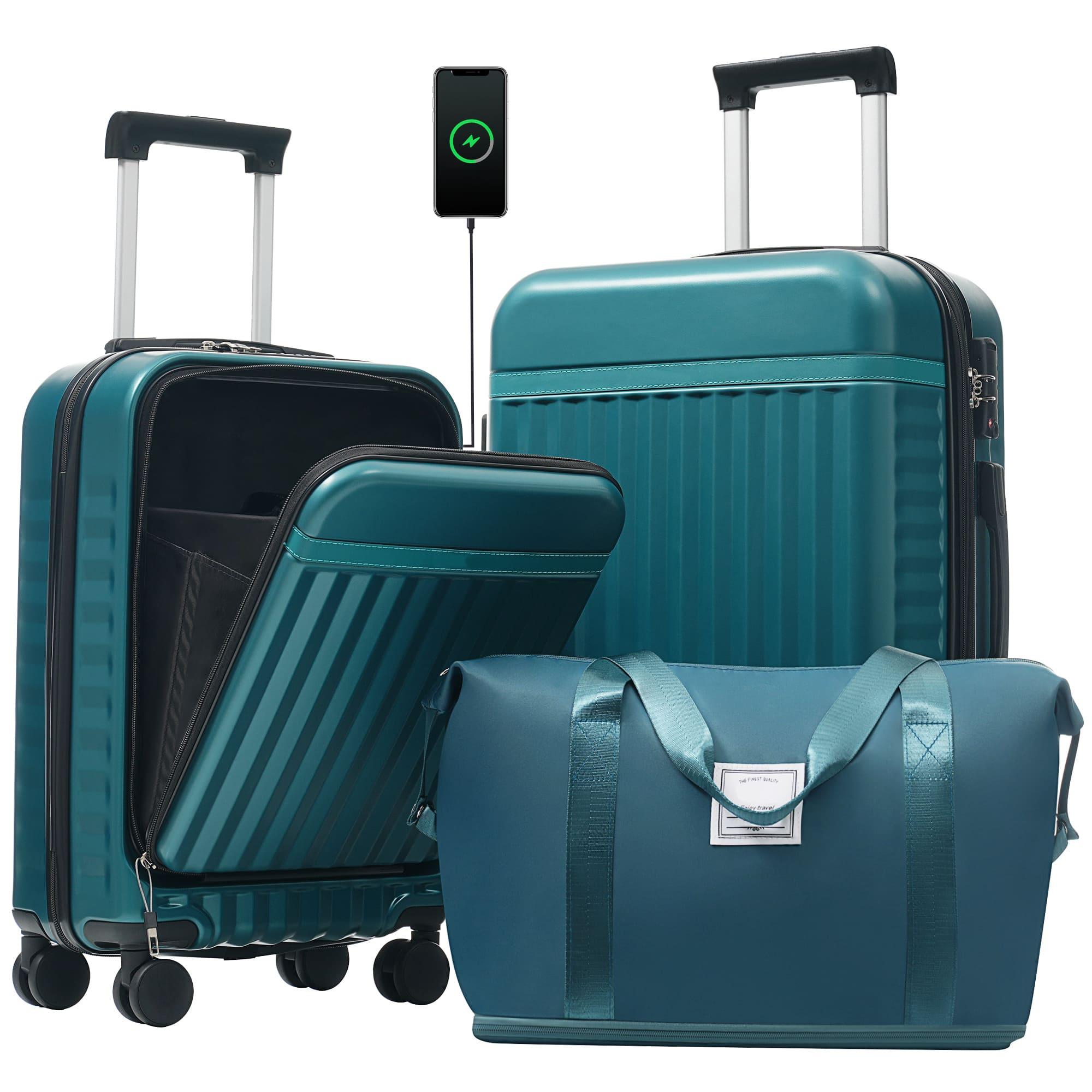 Tiramisubest - Front Opening Luggage Set 3 Piece,Hardside Carry on Suitcase with USB Port,Expandable Luggage with Handle Bag TSA Lock - Dark Green