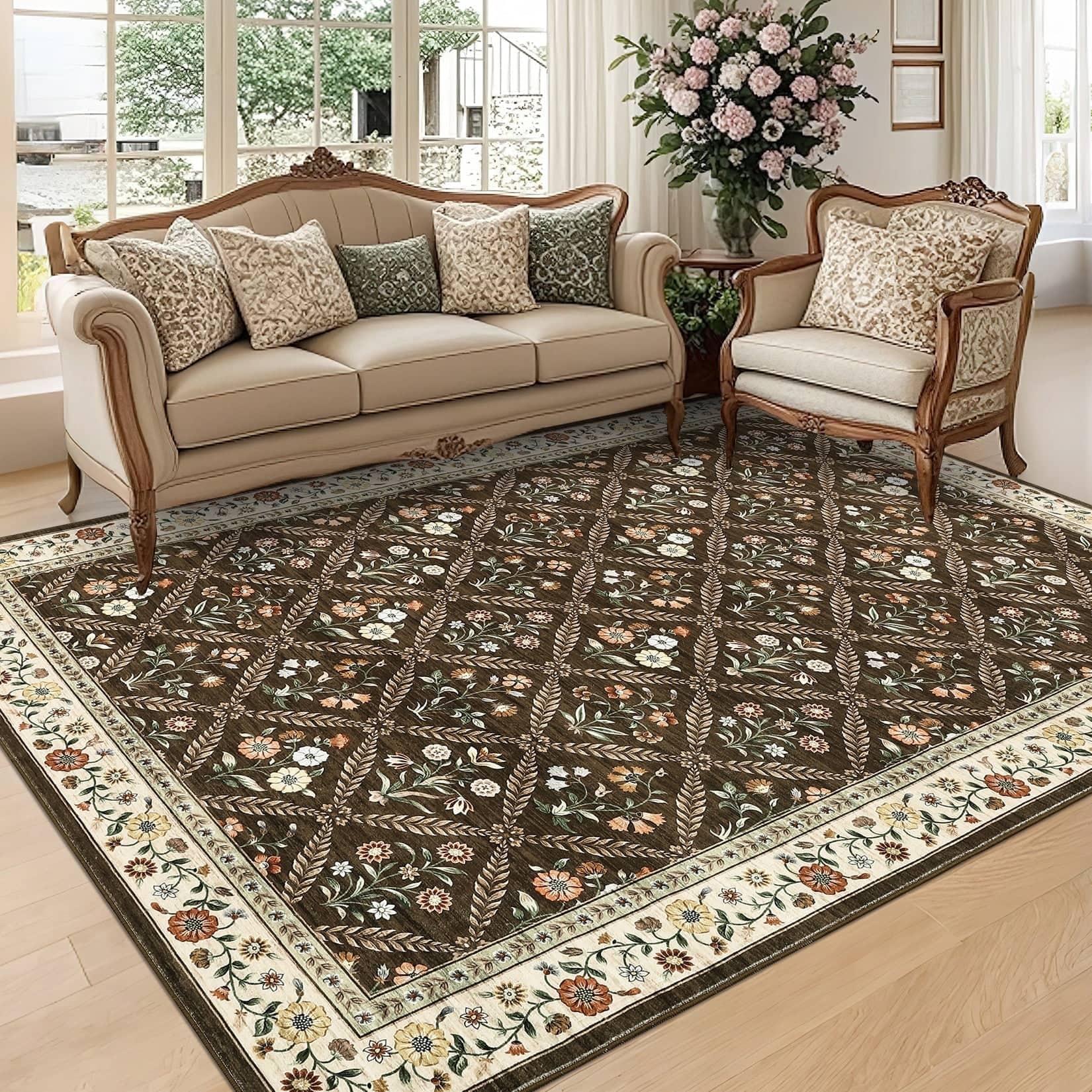 Homhougo - 8x10 Floral Print Area Rug, Machine Washable, Non-Slip, Stain Resistant, Low Pile - Brown