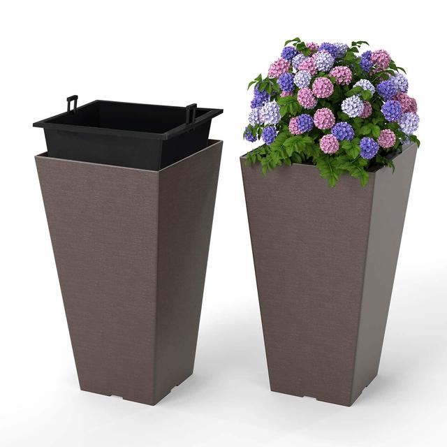 Costway - 22.5" Tall Square Planter Set of 2 with Removable Inner Bucket & Drainage Holes - Brown