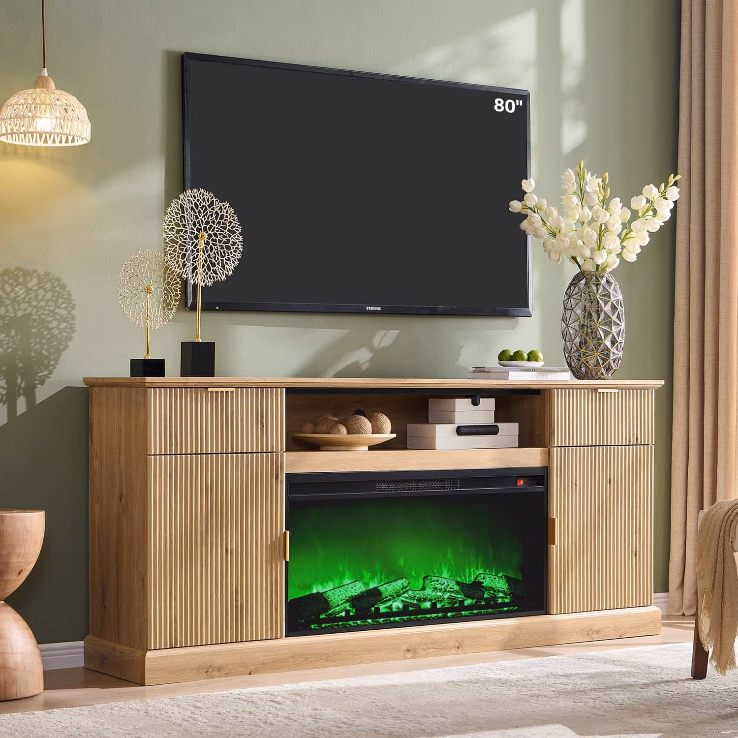 OMOMMD - 70" Fluted Fireplace TV Stand for 80" TVs, 36" Electric Insert, 2 Drawers, Adjustable Shelves - Natural
