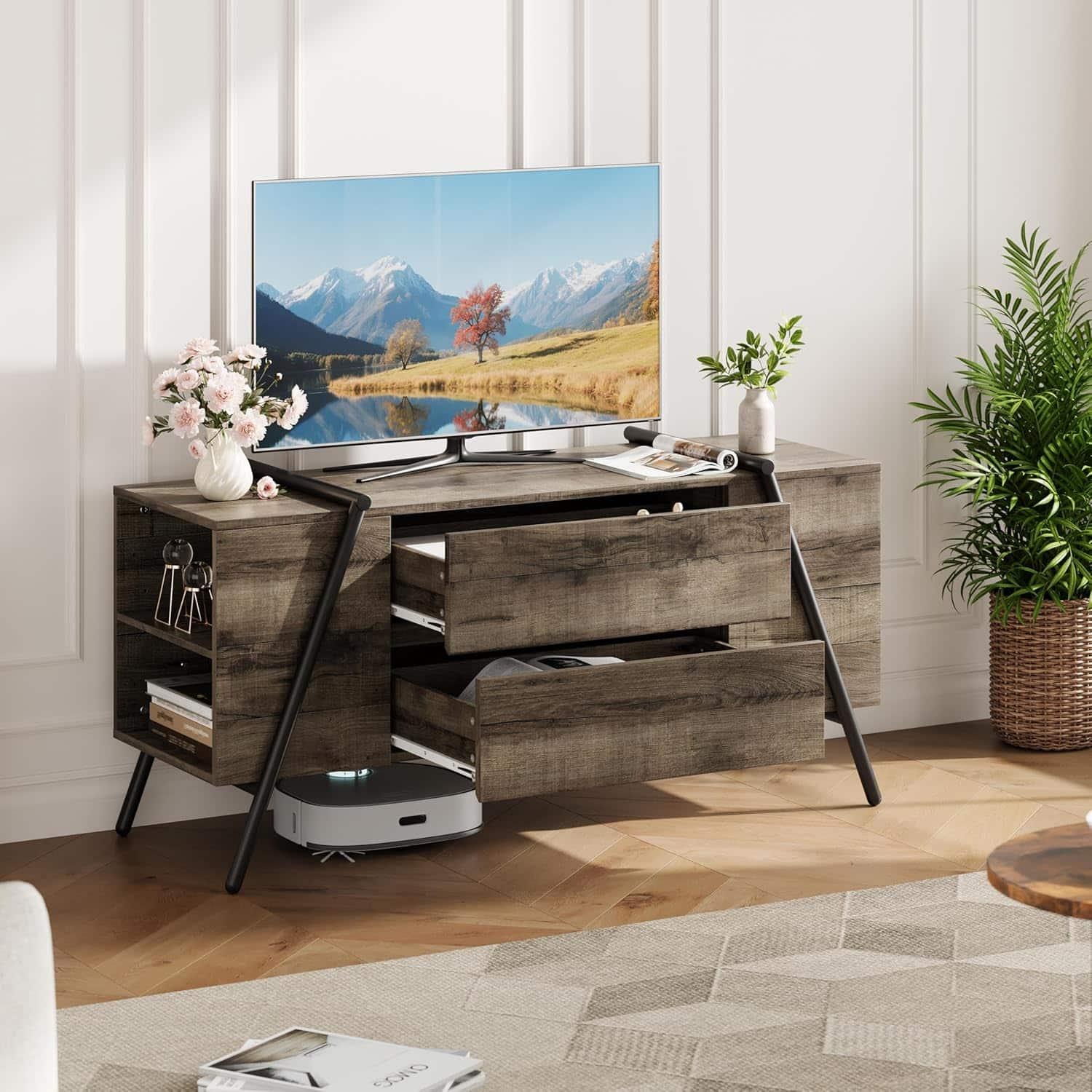 Homhougo - 47" Modern TV Stand with Entertainment Center, Industrial Media Console with Adjustable Open Shelves and & Cord Holes - Grey 47 in