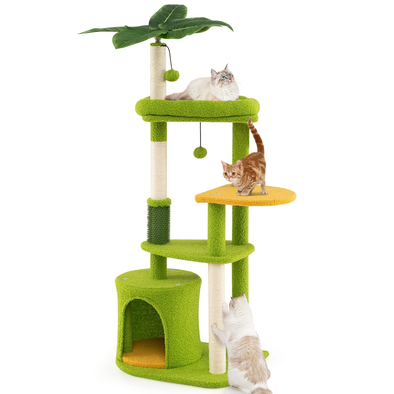 Gymax - Cute Cat Tree for Adult Cats w/Artificial Leaves Condo Padded Perch Pompoms
