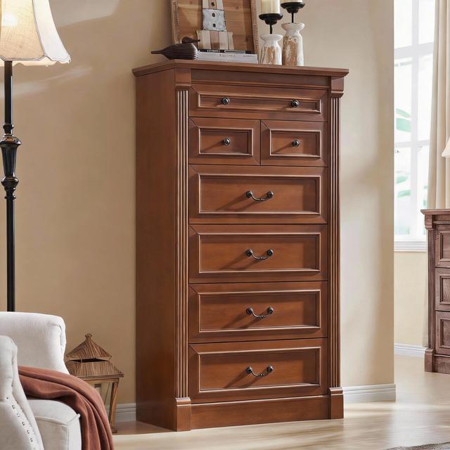 OMOMMD - Roman Column Nightstand with USB & AC Charging, Drawer & Shelf - Light Brown 15.5"D x 31.5"W x 57.5"H (7 Drawers)