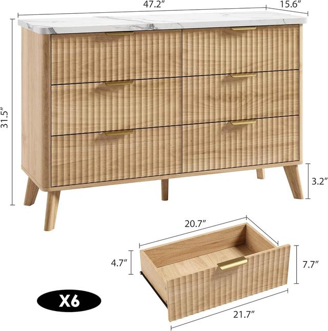 Homhougo - Modern Fluted 6-Drawer Dresser, Curved Profile, Gold Handles, Spacious Storage - Natural