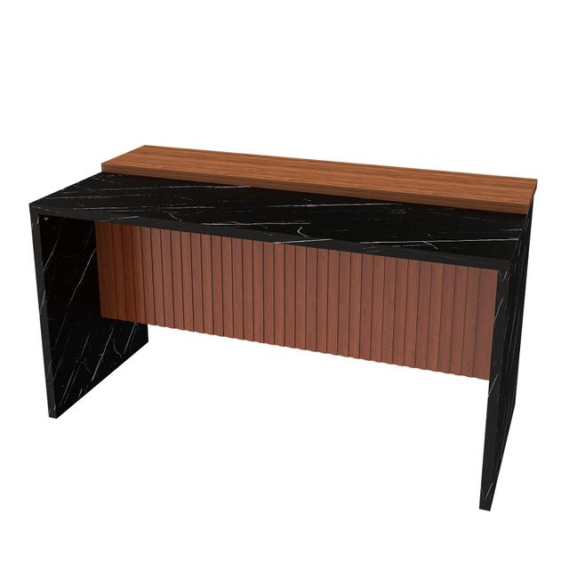 Spaco - 63" Modern Kitchen Island featuring Marble Look Surface, LED Lights, Grille Design for Dining Room - Walnut+Black