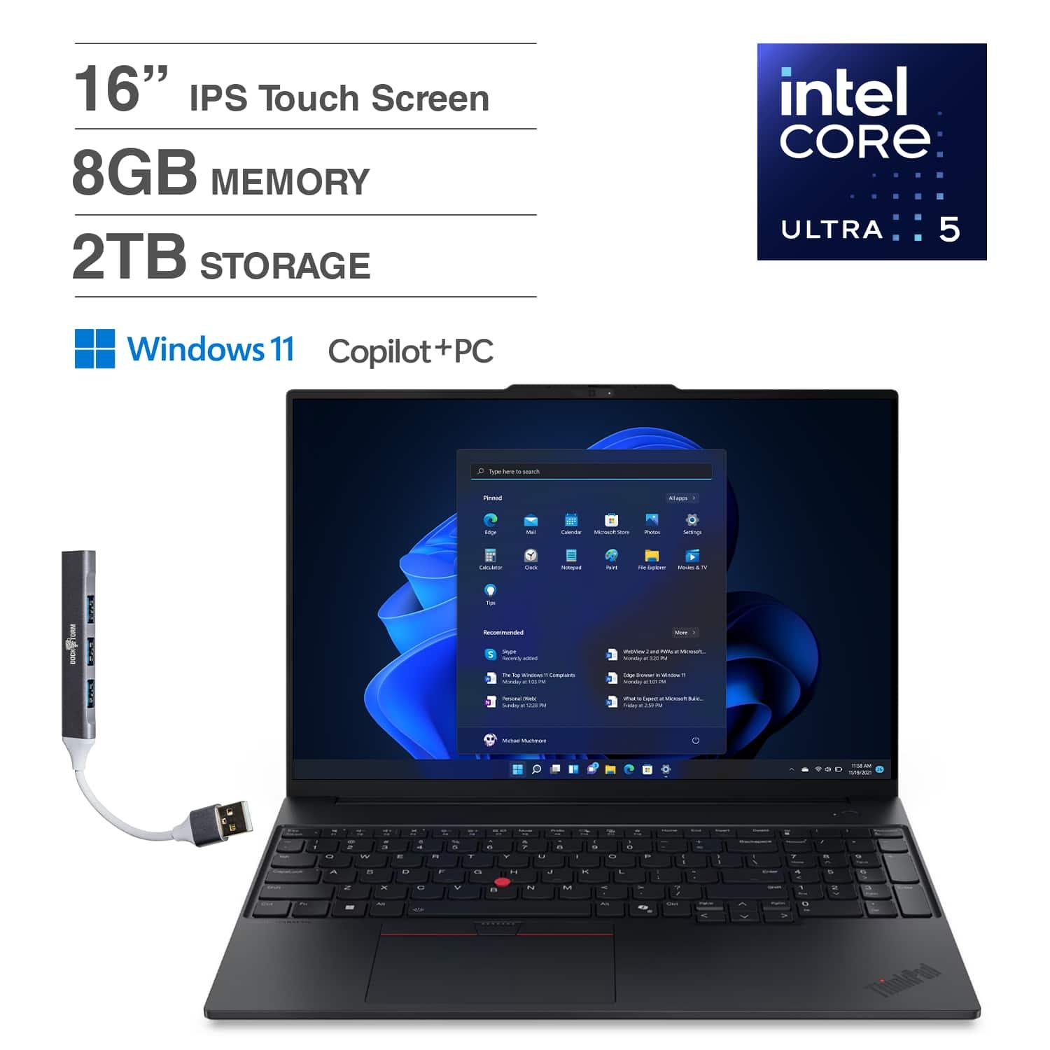 Lenovo - ThinkPad E16 Laptop 16'' Touchscreen (Intel Ultra 5-225U, 8GB DDR5, 2TB SSD, Win 11 Home) w/DKZ USB Hub - Black