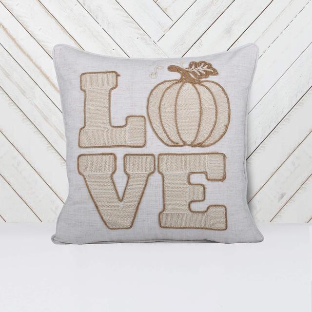 TinyHomie - LOVE Pumpkin Embroidered Throw Pillow Rustic Beige Fall Decor - White