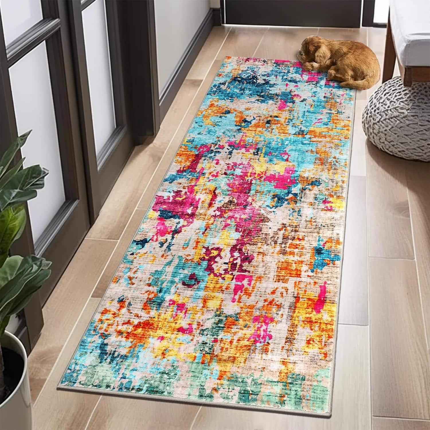 Homhougo - 9 x 12 Colorful Abstract Washable Runner Rug, Non-Slip Soft Carpet for Kitchen & Hallway - Multicolor