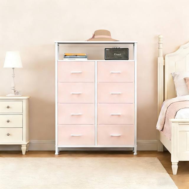 AENKYO - 8-Drawer Fabric Dresser with Open Shelf, 45.9-inch Tall Storage Cabinet for Bedroom Closet Organization - Pink