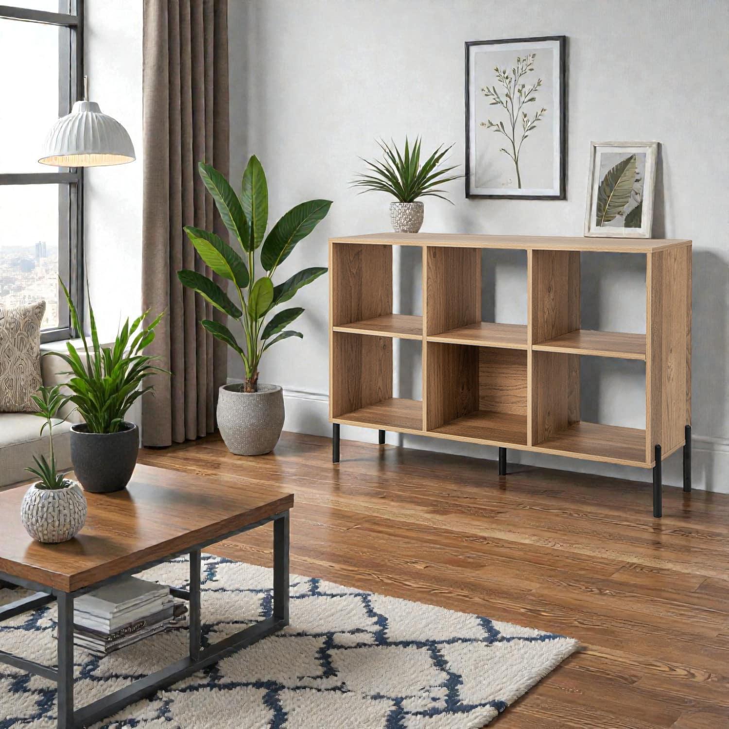 Hivvago - Open 3-Tier Bookcase with Six Storage Compartments and Metal Frame Support - Natural