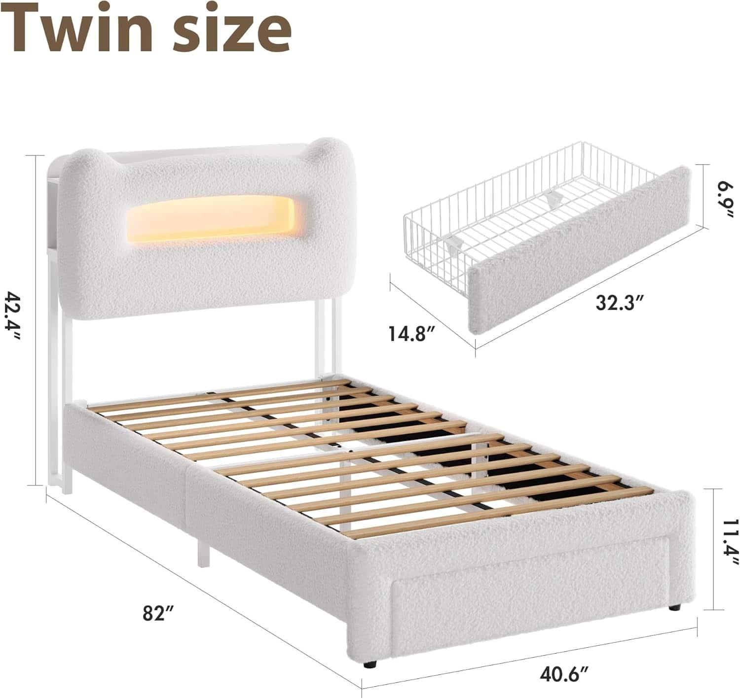 Homhougo - LED Twin Bed Frame w/2-Tier Storage Headboard, Platform, Drawer, Charging Station, Heavy Duty, No Box Spring, Beige - Beige