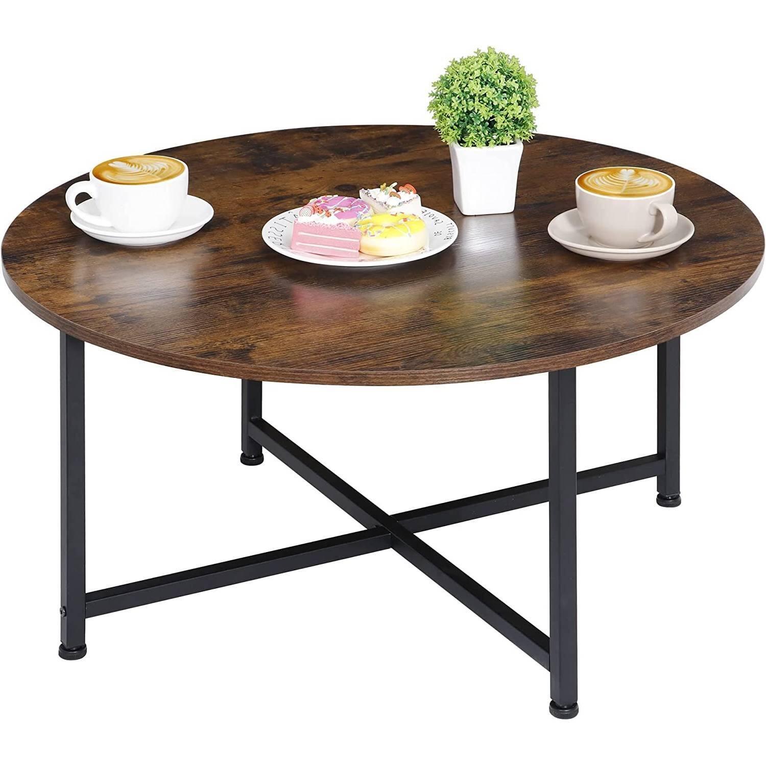 Hivvago - Modern Round Industrial Coffee Table with Rustic Wood Top - Brown
