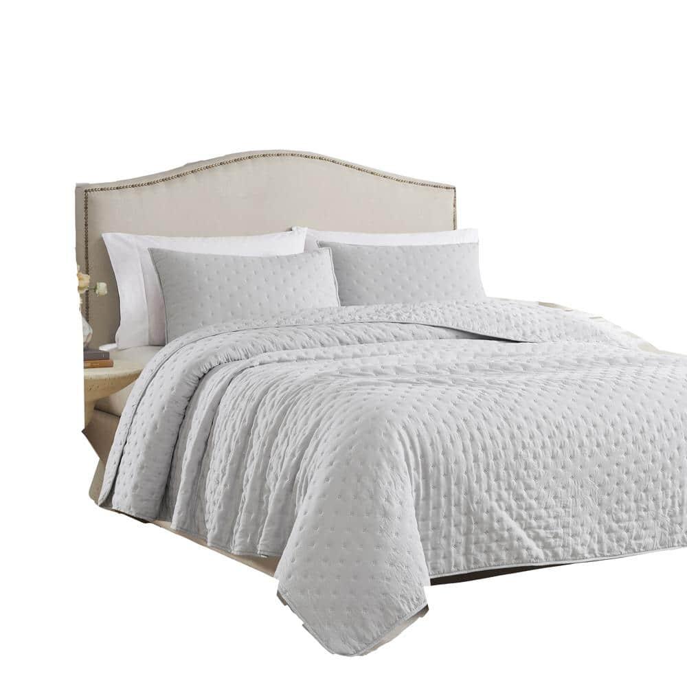 RT Designers Collection - Cayla 3 Pieces Washed Pinsonic Lightweight Quilts Set King Size For Bedding - Silver