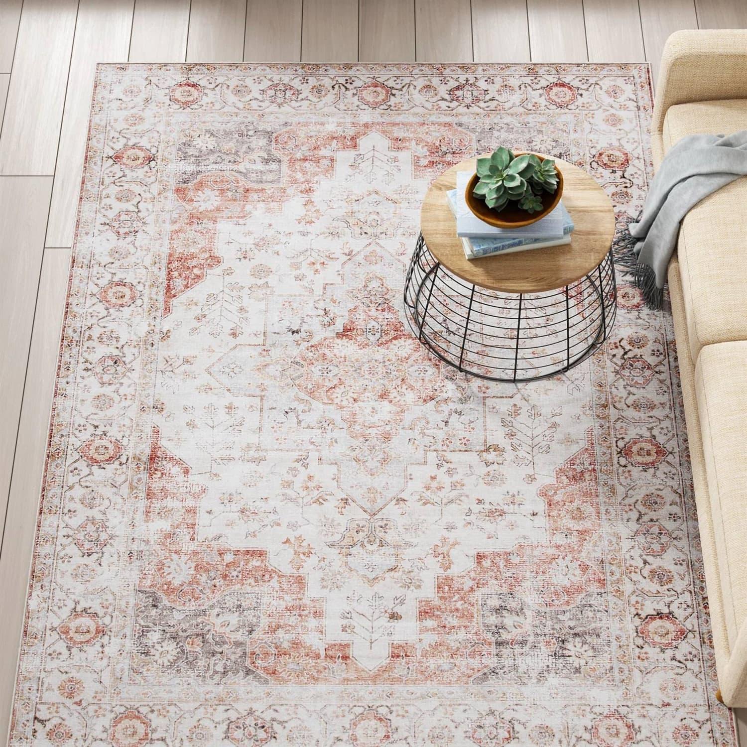 Hivvago - 6 ft. x 9 ft. Traditional Persian Style Washable Boho Area Rug - Light Grey Red