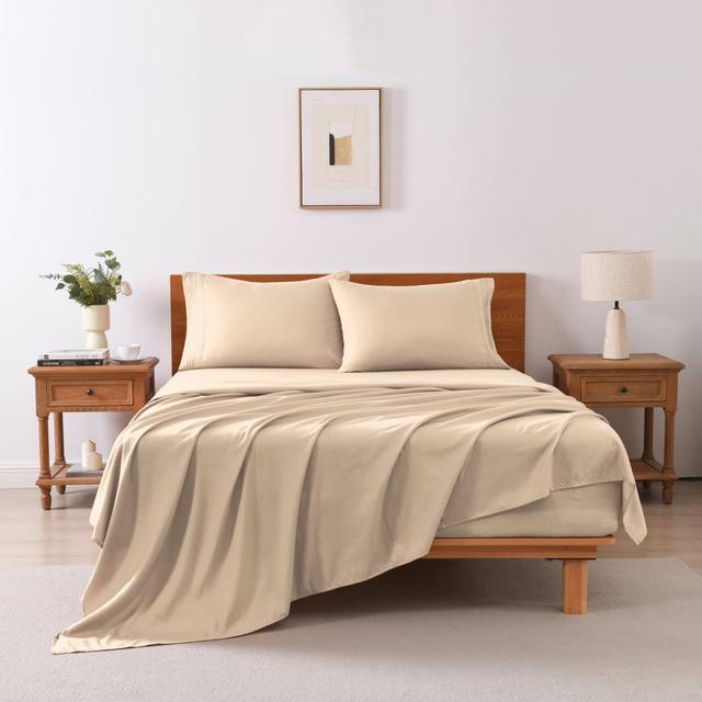 MarCielo - 3/4 Pcs Soft Solid & Embroidery Bed Sheets Set - Beige