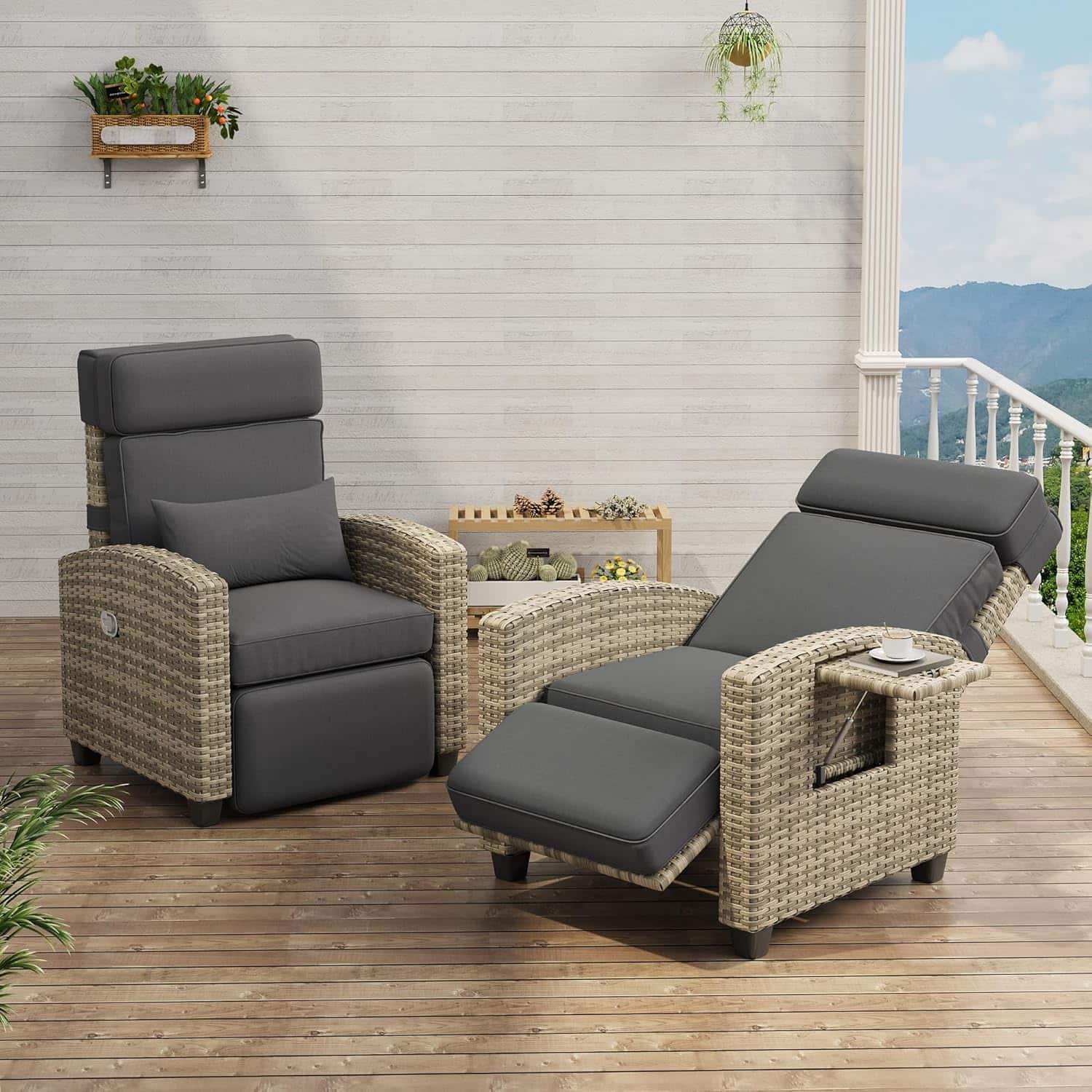 Homhougo - Reclining Patio Chair with Adjustable Backrest and Footrest, 150-Degree Recline, Dual Button Control, Locking Mechanism - Brown Wicker/Grey Cushion