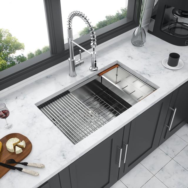 APRILSOUL - Single Bowl Undermount Workstation Kitchen Sink - 33 in x 19 in x 10 in Inch 16 Gauge Stainless Steel Deep Sink - Brushed Nickel