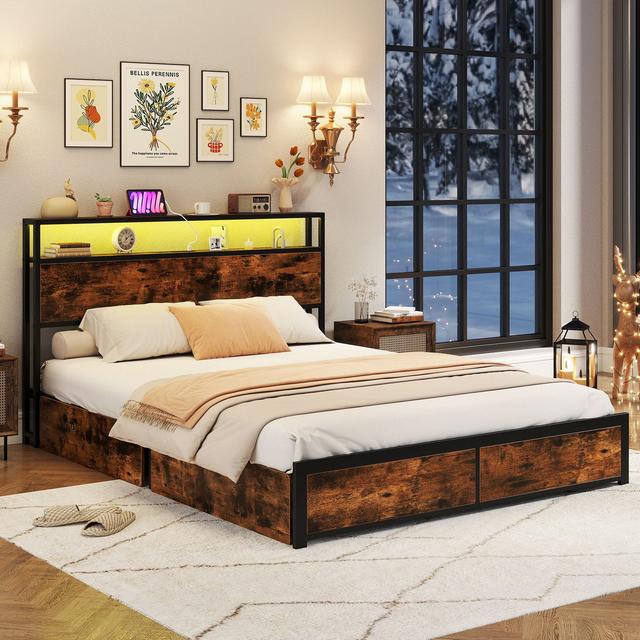 Gymax - Queen Size LED Bed Frame w/2-Tier Storage Headboard & 4 Drawers Charging Station - Brown