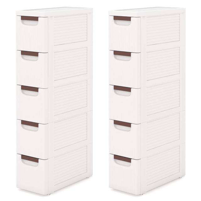 Gymax - 2PCS 5-Drawer Narrow Rolling Storage Cabinet w/ Pull Handles Built-in Wheels - White