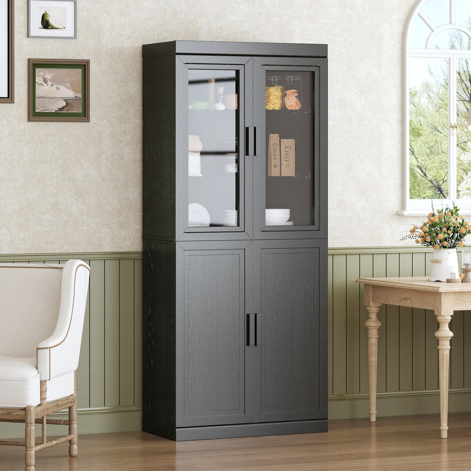 PexFix - Farmhouse Sideboard & Food Pantry, 72" Cabinet with Glass Doors and Adjustable Shelves – Ideal for Entryway, Kitchen - Black