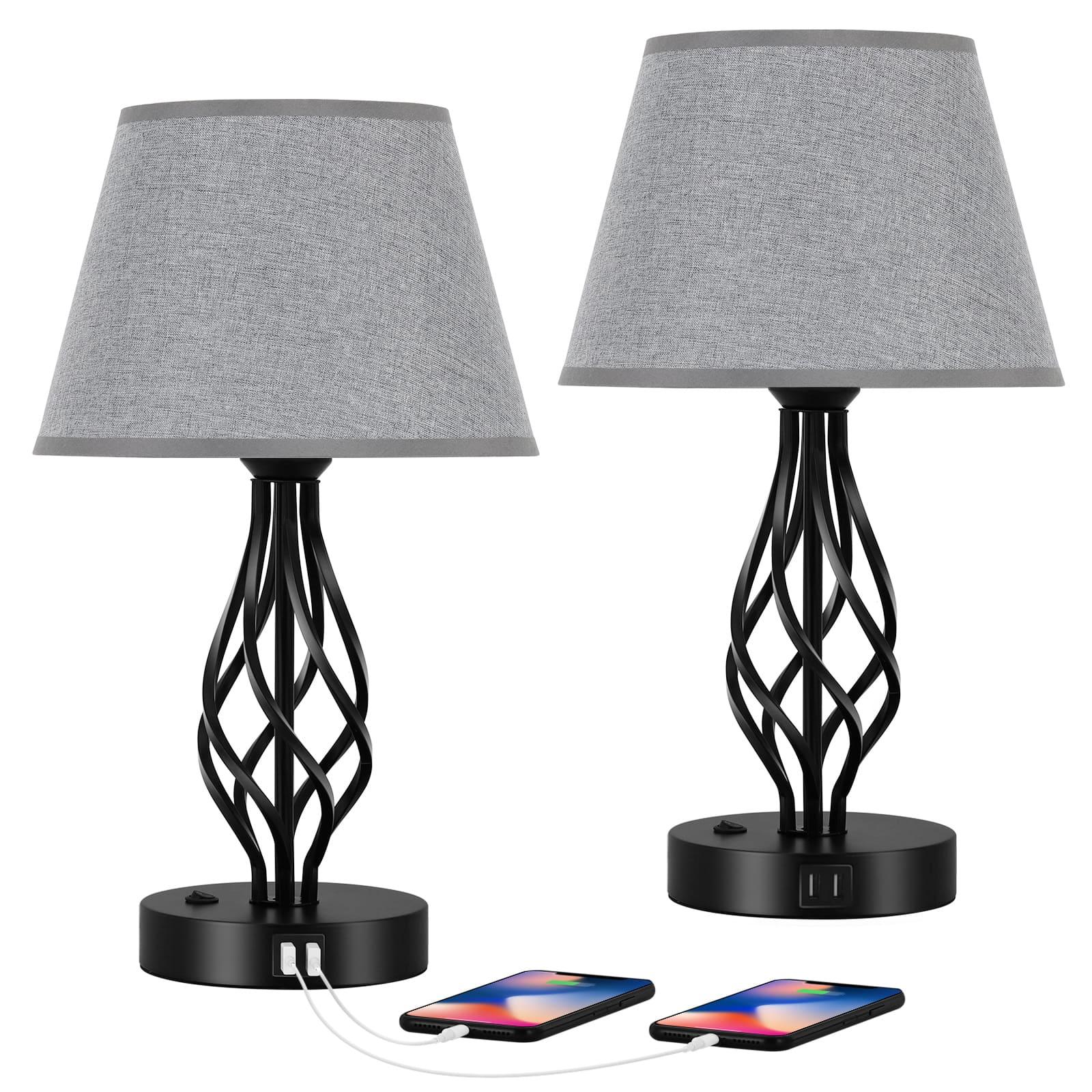 Oumilen - Twisted Iron Base Table Lamp with USB & AC Ports Grey Shade