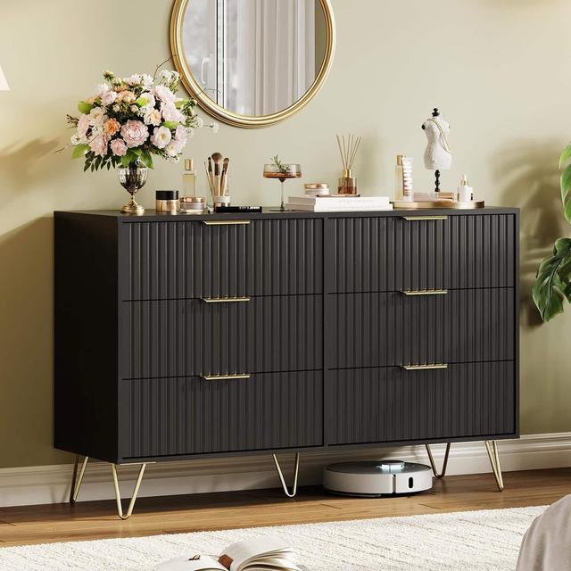 Homhougo - Fluted Dresser for Bedroom with 6 Drawers,47" Wide Modern Chest of Wooden Drawers with Metal Handle,Wide Clothes - Black