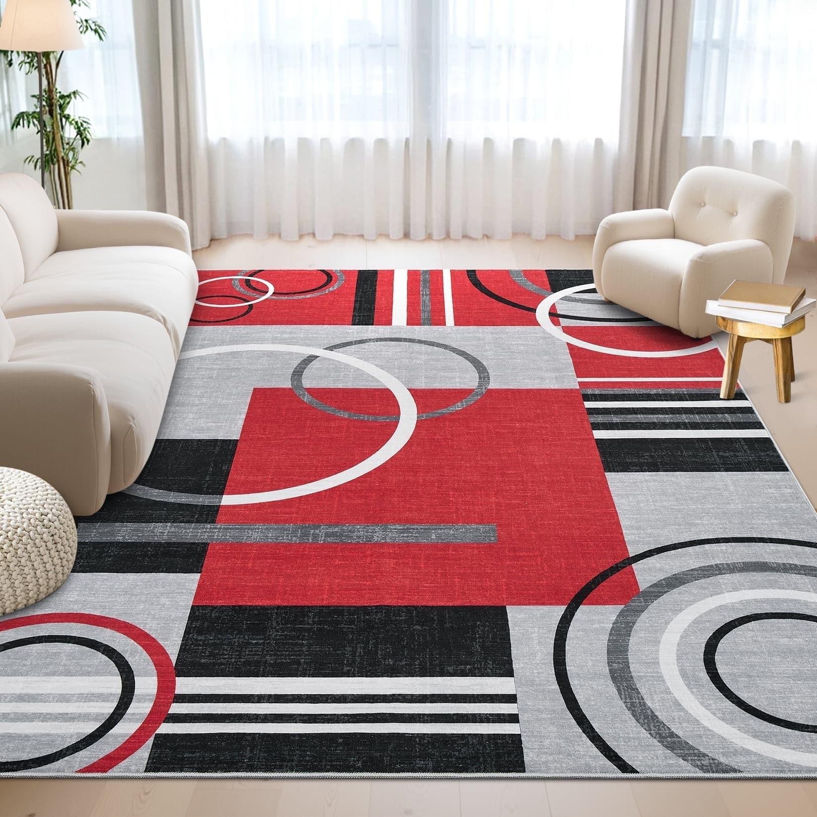 Homhougo - 9x12 Modern Geometric Rug, Washable, Non-Slip - Red
