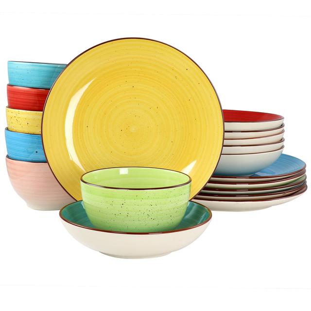 Elama - Sebastian 18 Piece Double Bowl Stoneware Dinnerware Set Colors - Assorted