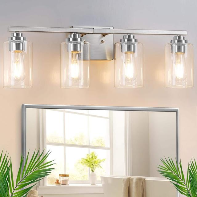 Nordic Hygge - 4-Light Bathroom Light Fixtures, 27 inches Modern Vanity Lights Over Mirror with Clear Glass Shades - Brushed Nickle