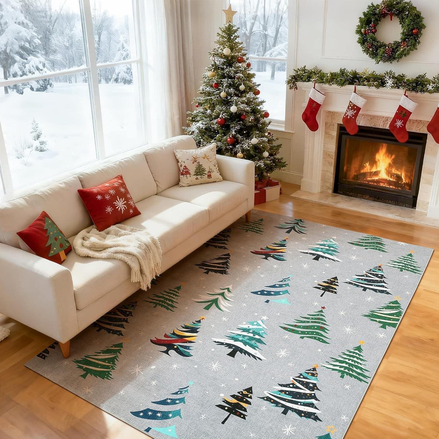 GARVEE - 8x10 Christmas Rug, Non-Slip, Washable Xmas Tree, Soft Low Pile, Holiday Decor - Gray