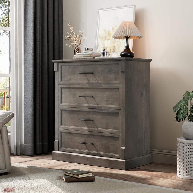 GARVEE - 4-Drawer Dresser - Tall Chest, Rustic Wood, Metal Handles, Gray - Grey