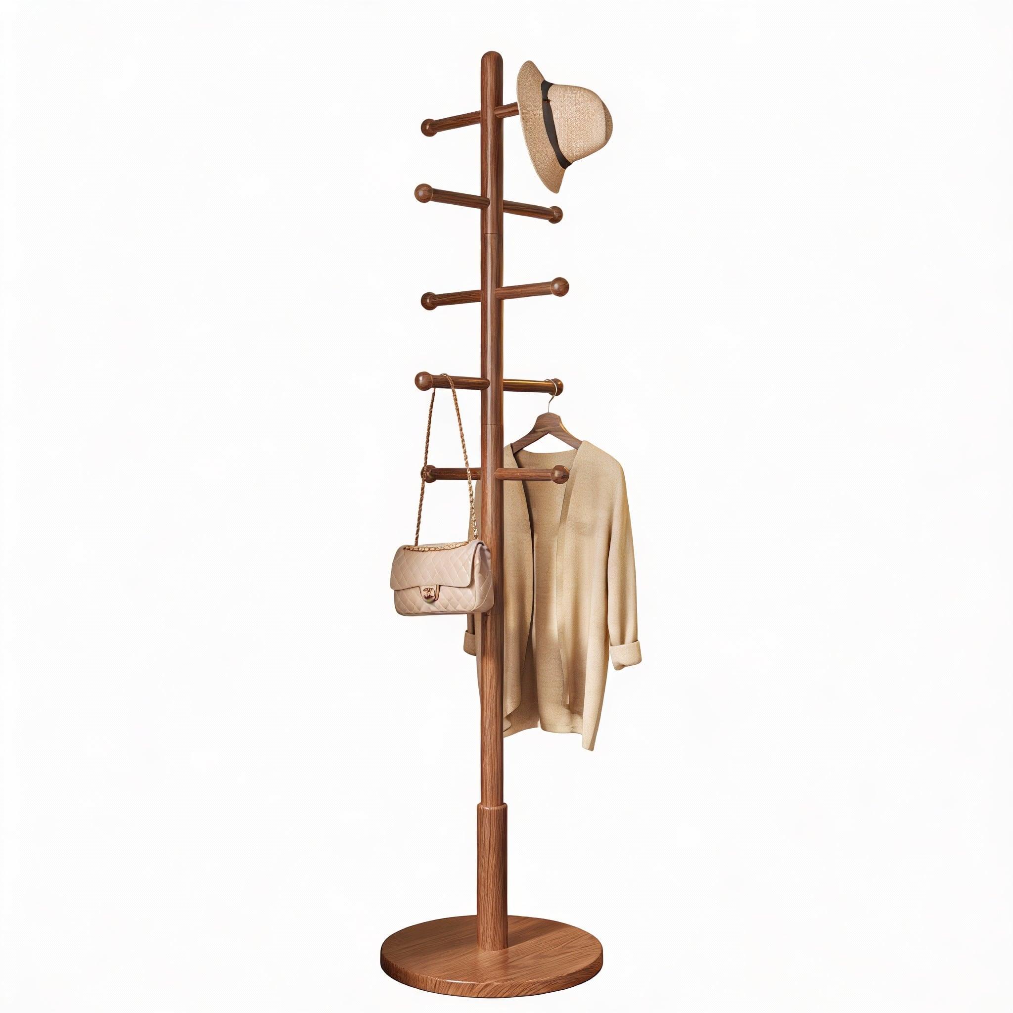 CovertSafe - Walnut Rubberwood Tree Coat Rack 10 Hooks 3 Heights 150 lb Entryway - BROWN 15.2"D x 15.2"W x 70.1"H