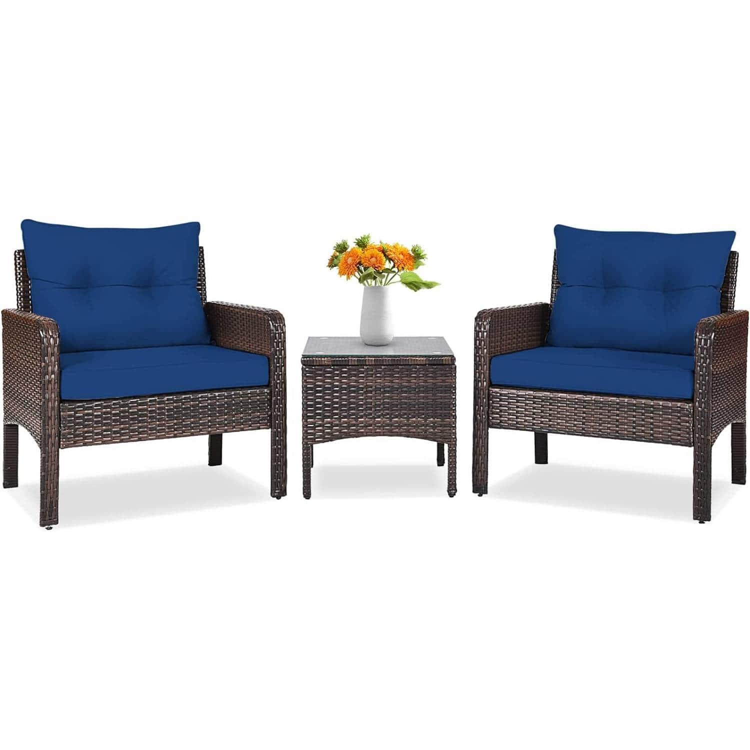 Hivvago - 3-Piece Brown PE Rattan Outdoor Dining Patio Furniture Set with Blue Cushions - Brown, Blue