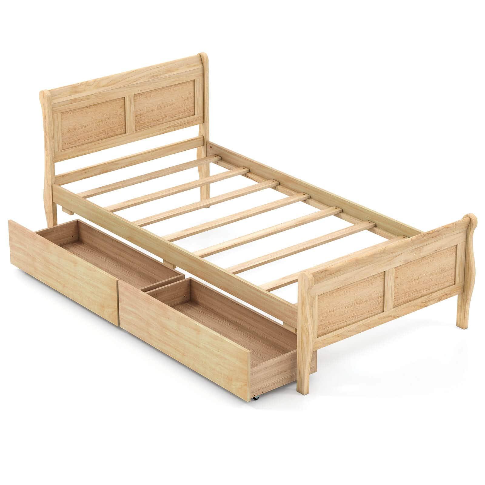 Costway - Twin Size Bed Frame with 2 Storage Drawers Wood Platform Bed with Headboard - Beige