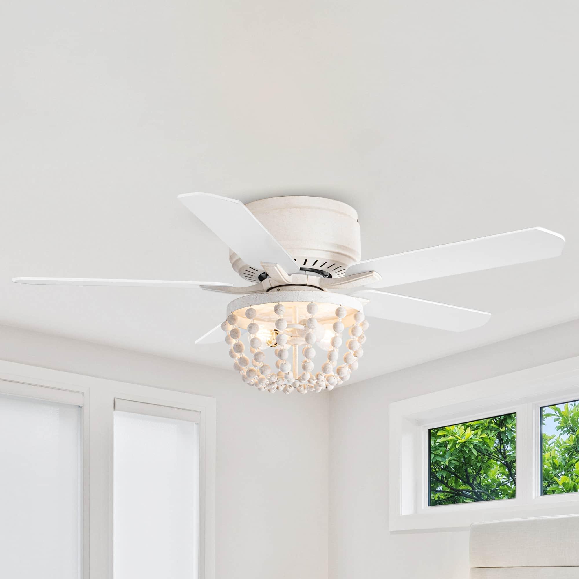 Parrot Uncle - 48" Farmhouse Flush Mount Ceiling Fan with Light and Remote, White/Wood Grain Blades - Weathered Vintage White