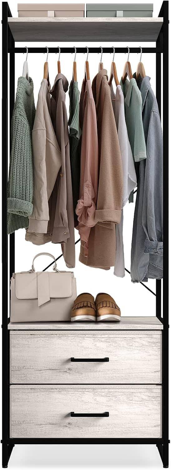 Sorbus - Clothing Rack with Drawers - Clothes Stand Dresser - Wood Top, Steel Frame for Hanging Shirts, Dresses, & Jackets - Rustic beige
