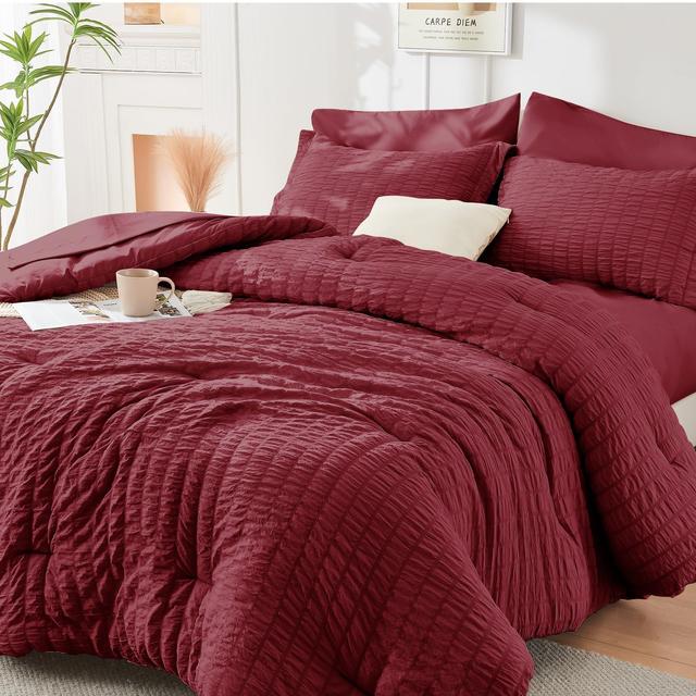 VEGA AUTOMOTIVE - 7pc Seersucker Burgundy Comforter Set All Season Microfiber Bedding w/Sheets - Burgundy King(104"x 90")