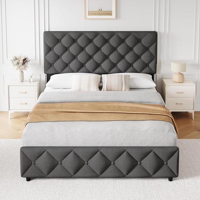 GARVEE - Full Upholstered Bed Frame Gray 4 Storage Drawers Adjustable Headboard No Box Spring - Gray Full
