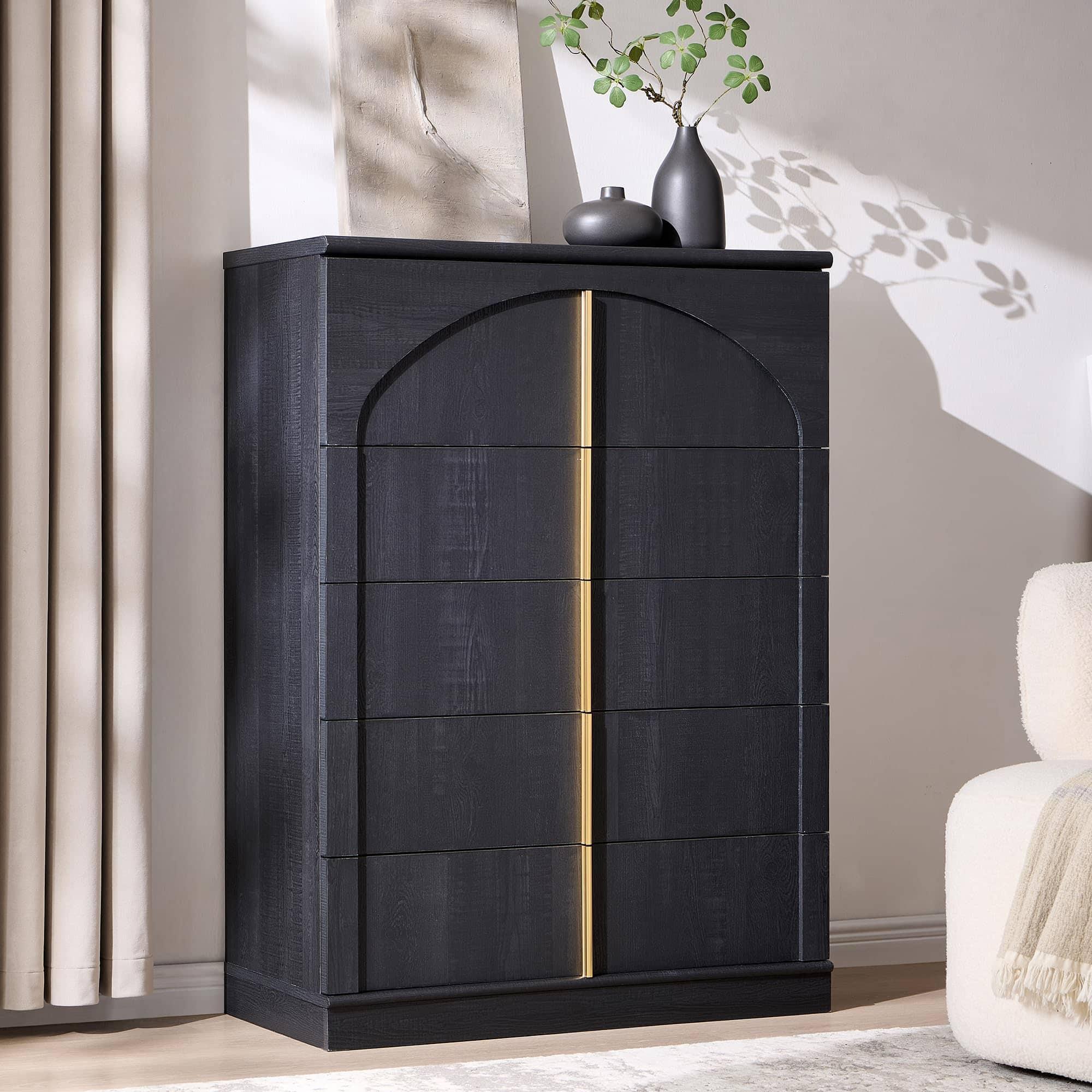 OMOMMD - Arched Buffet Cabinet Set, Adjustable Shelf Modern Sideboard for Living Room Kitchen - Black 15.6"D x 31.5"W x 43.9"H (5 Drawers)
