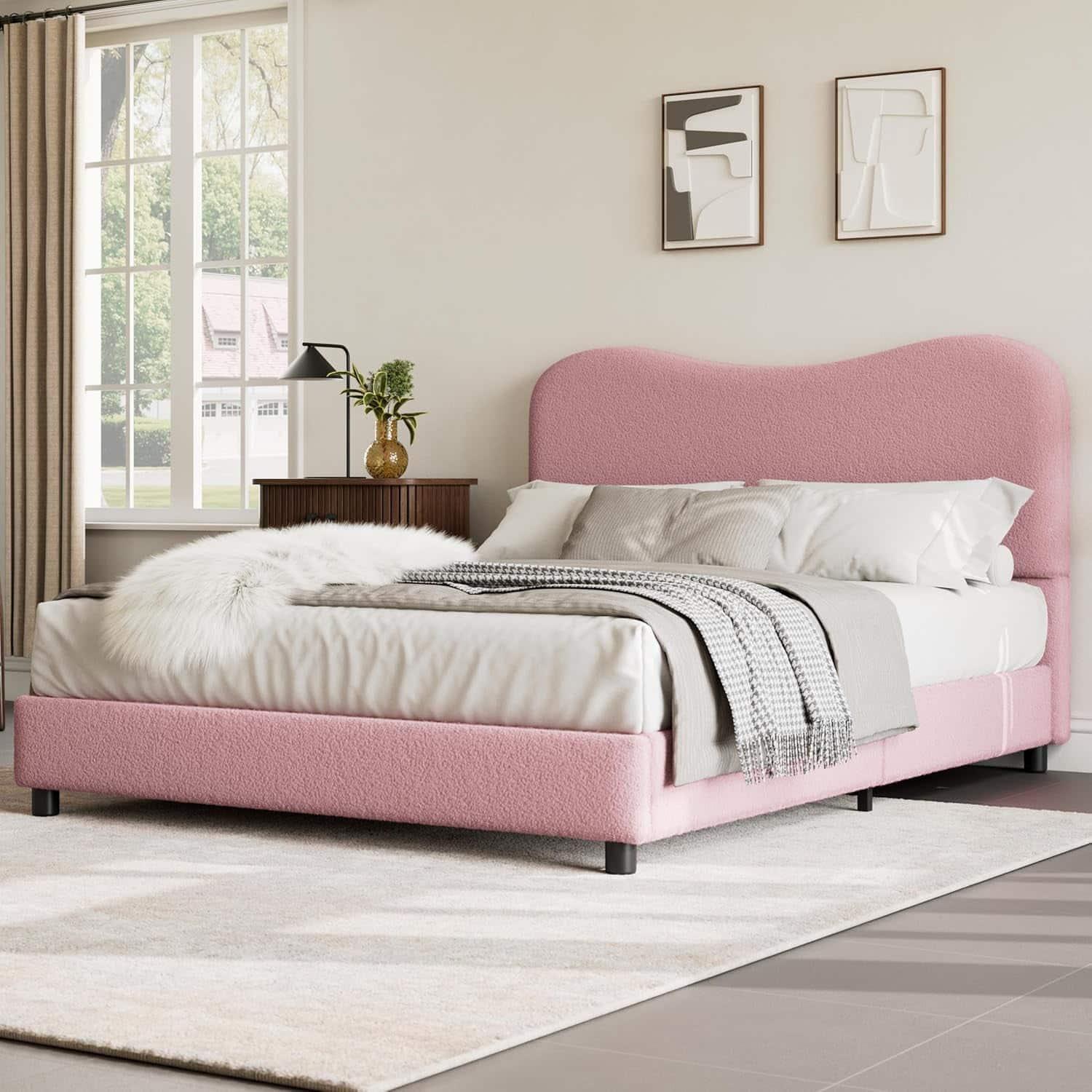 Homhougo - Full Size Platform Bed Frame, Metal Frame - Sherpa Upholstered, No Box Spring, Pink Color - Pink Full