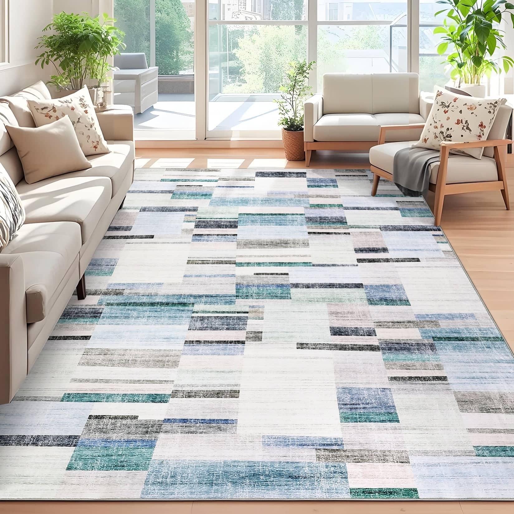 Homhougo - 8x10 Geometric Area Rug, Washable, Non-Slip - Blue