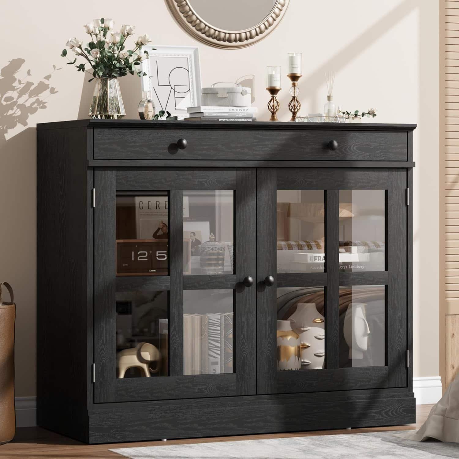 Homhougo - Buffet Cabinet with Adjustable Shelves, 2 Glass Doors, Modern Accent Storage for Living Room - Black