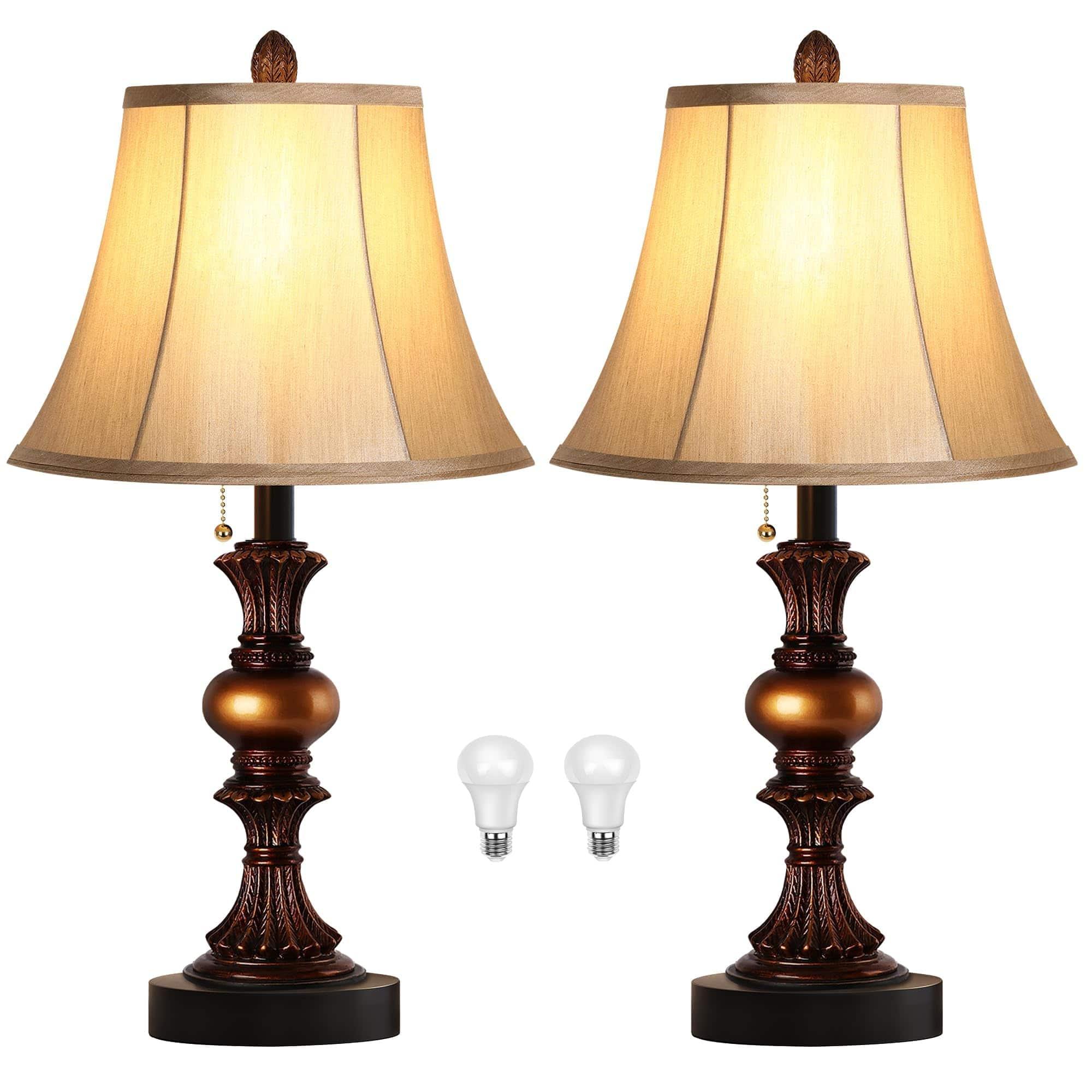 Pawtners - Set of 2 Traditional Table Lamps, Vintage Bronze Bedside Lamps with 3-Color Temp LED Bulbs & Pull Chain