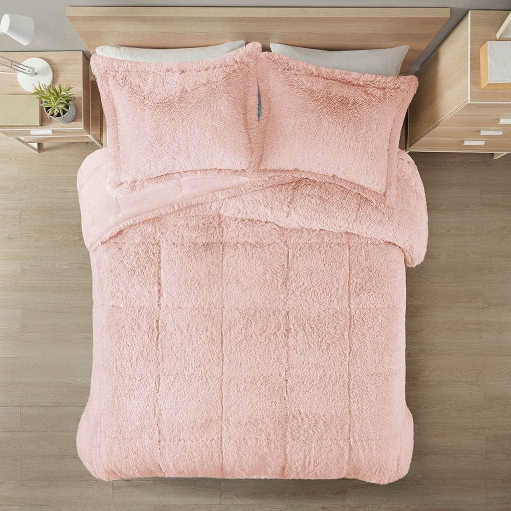 Hivvago - Full/Queen Soft Sherpa Faux Fur 3-Piece Comforter Set - Pink Blush