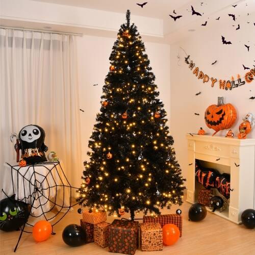 Winado - 7FT Artificial Christmas Pine Tree Pre-Lit Hinged with Lights, Branch Tips for Indoor Xmas Holiday Party Decoration - Black